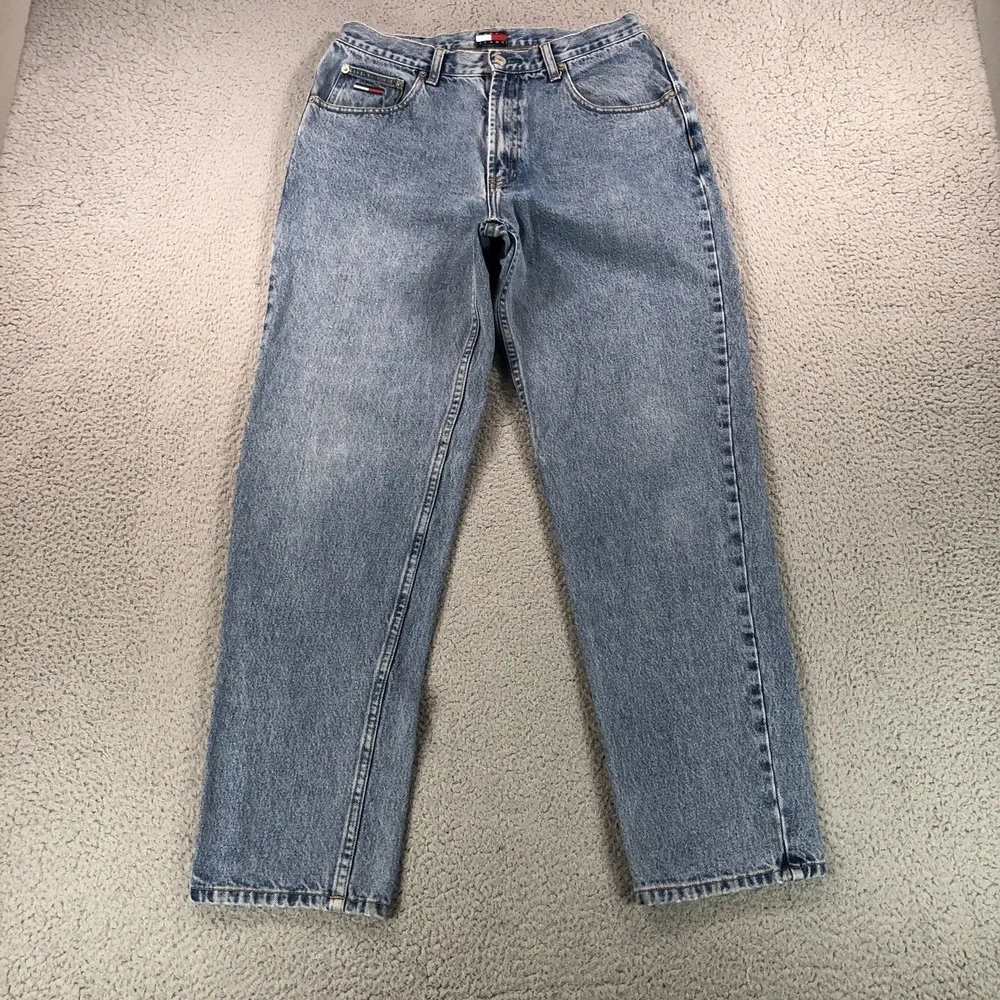 VTG Tommy Hilfiger Jean Men 34x32 (Fits 32x31) Blue Flag Patch Logo Straight 90s